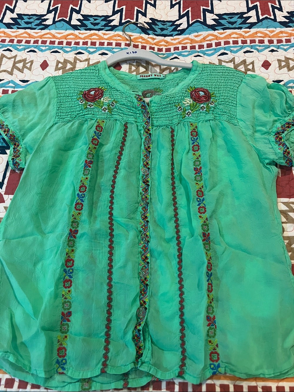 Johnny Was Girls' Turquoise Embroidered Peasant Blouse